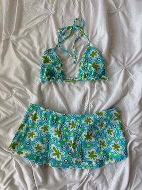 Turquoise Floral Two-Piece Bikini Set with mini Skirt